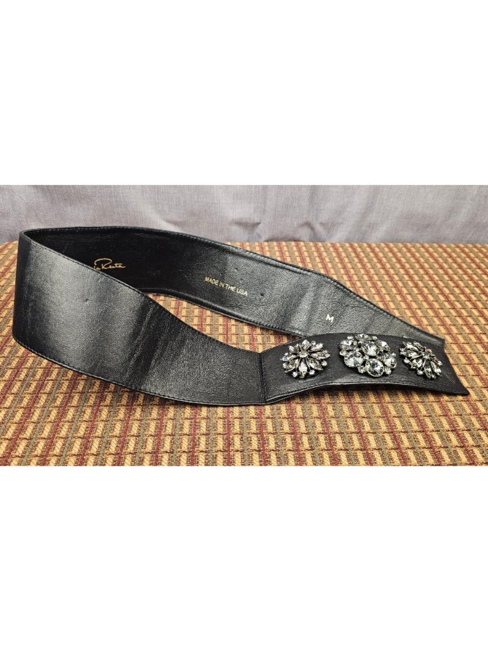 Oscar De La Renta Black Leather Belt With Crystal Embellishments Size M Made In